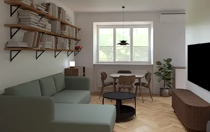 Wnętrze salonu w stylu dopamine decor, eklektycznym, japandi i nowoczesnym.