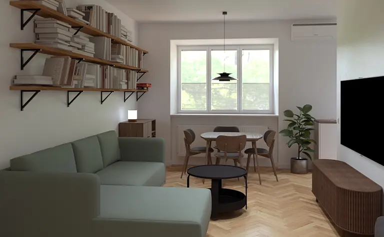 Wnętrze salonu w stylu dopamine decor, eklektycznym, japandi i nowoczesnym.