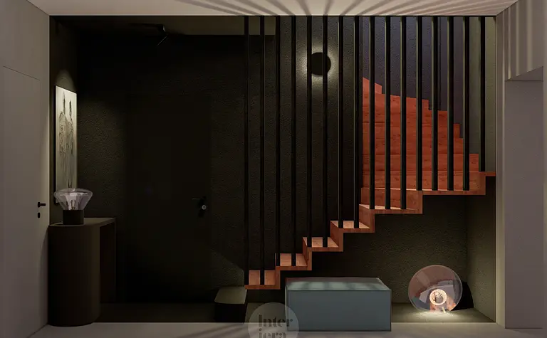 Przedpokój w stylach eklektycznym, japandi i minimalistycznym z drewnianymi schodami.