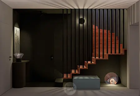 Przedpokój w stylach eklektycznym, japandi i minimalistycznym z drewnianymi schodami.