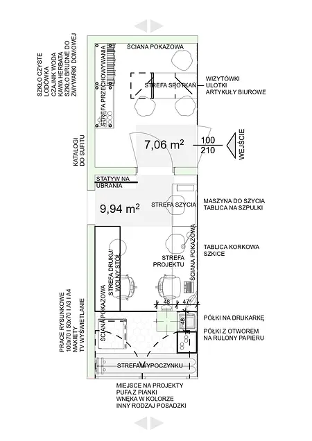Wnętrze biura w stylu industrialnym z miejscem do pracy i strefą wypoczynku.