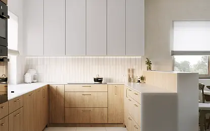 Kuchnia w stylu japandi z drewnianymi meblami i minimalistycznym wykończeniem