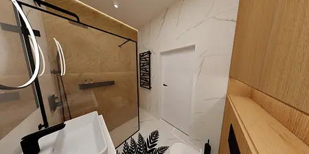 Wnętrze nowoczesnej łazienki z drewnianymi elementami i białymi płytkami.