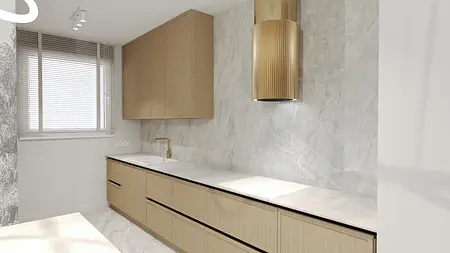 Nowoczesna kuchnia w stylu quiet luxury z drewnianymi meblami i marmurowym wykończeniem.
