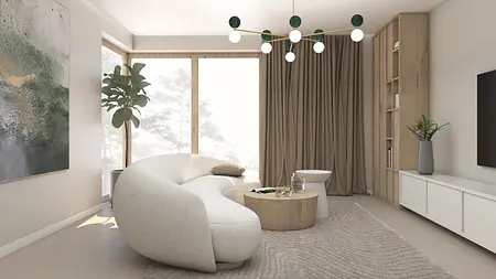 Wnętrze salonu w stylu japandi, minimalistycznym i nowoczesnym z jasnymi meblami.