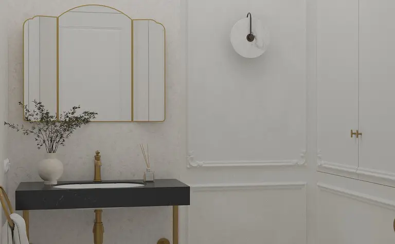 Łazienka w stylu art deco z minimalistycznym i tradycyjnym wystrojem, czarna umywalka.