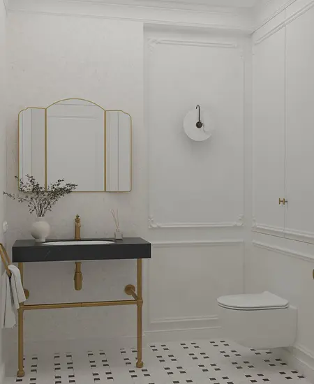 Łazienka w stylu art deco z minimalistycznym i tradycyjnym wystrojem, czarna umywalka.