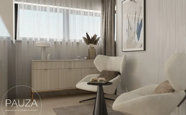 Nowoczesne wnętrze salonu z jasnymi fotelami, minimalistyczną szafką oraz dużymi oknami.