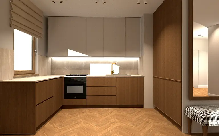 Kuchnia w stylu współczesnym z drewnianymi meblami i beżowym blatem.