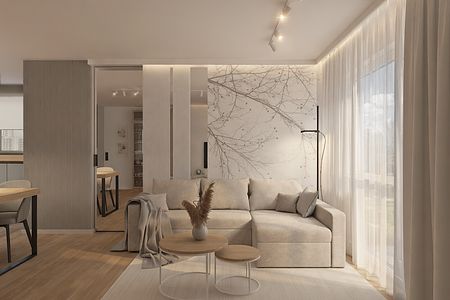 Wnętrze salonu w stylu skandynawskim z jasnym narożnikiem i drewnianymi akcentami.