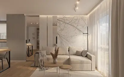 Wnętrze salonu w stylu skandynawskim z jasnym narożnikiem i drewnianymi akcentami.