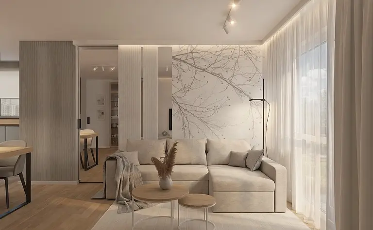 Wnętrze salonu w stylu skandynawskim z jasnym narożnikiem i drewnianymi akcentami.