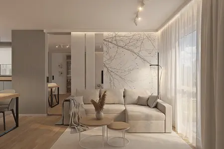 Wnętrze salonu w stylu skandynawskim z jasnym narożnikiem i drewnianymi akcentami.