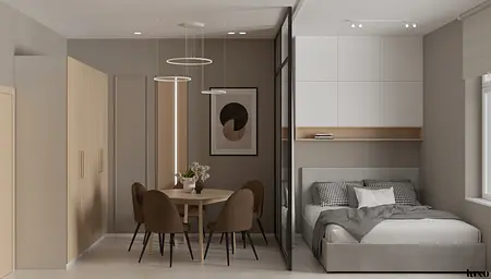 Wnętrze w stylu japandi i minimalistycznym z łóżkiem i stołem jadalnym.