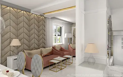 Glamour wnętrze salonu z różowymi sofami i eleganckimi detalami.