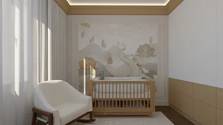 Pokój dziecięcy w stylu eklektycznym z nowoczesnym łóżeczkiem i quiet luxury dodatkami.