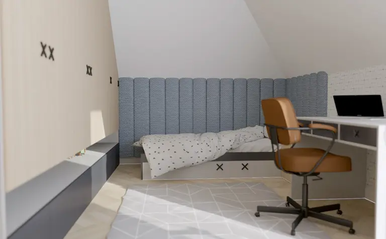 Pokój z łóżkiem, biurkiem i niebieską ścianą w stylu soft minimalizm, tradycyjnym, współczesnym.