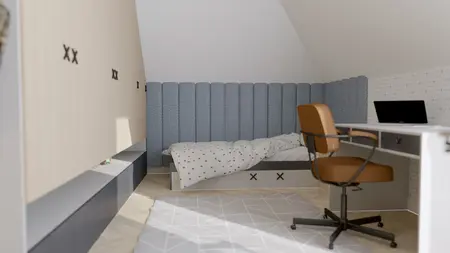 Pokój z łóżkiem, biurkiem i niebieską ścianą w stylu soft minimalizm, tradycyjnym, współczesnym.