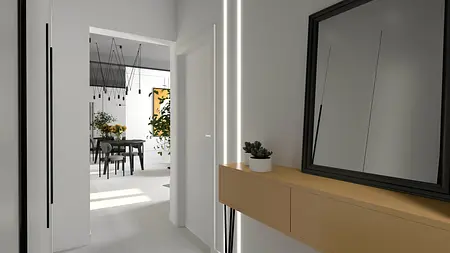 Korytarz z lustrem, roślinami i nowoczesnym oświetleniem dopamine decor.