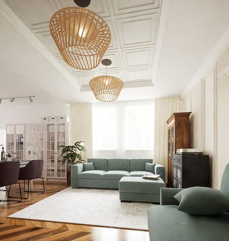 Wnętrze salonu w stylu boho, eklektycznym i skandynawskim z niebieskimi sofami.