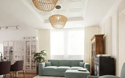 Wnętrze salonu w stylu boho, eklektycznym i skandynawskim z niebieskimi sofami.