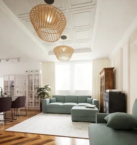 Wnętrze salonu w stylu boho, eklektycznym i skandynawskim z niebieskimi sofami.
