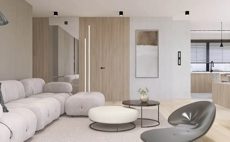 Nowoczesny salon z jasnymi meblami i drewnianymi elementami, przytulna przestrzeń do relaksu.