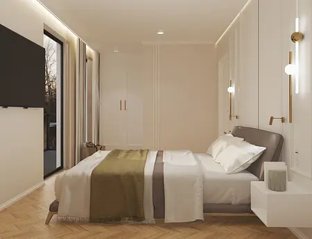 Wnętrze sypialni z meblami w stylu art deco, glamour i nowoczesnym.
