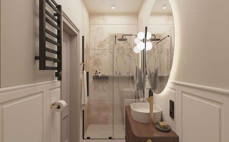 Wnętrze łazienki z dużym lustrem i drewnianą szafką w stylu dopamine decor.