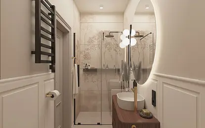 Wnętrze łazienki z dużym lustrem i drewnianą szafką w stylu dopamine decor.