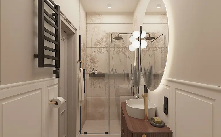 Wnętrze łazienki z dużym lustrem i drewnianą szafką w stylu dopamine decor.