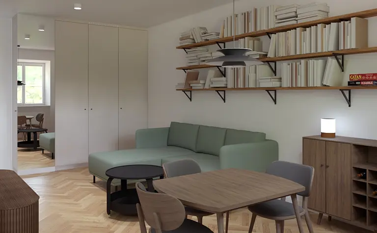 Wnętrze salonu w stylu dopamine decor, eklektycznym, japandi i nowoczesnym z zieloną kanapą.