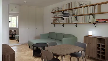 Wnętrze salonu w stylu dopamine decor, eklektycznym, japandi i nowoczesnym z zieloną kanapą.