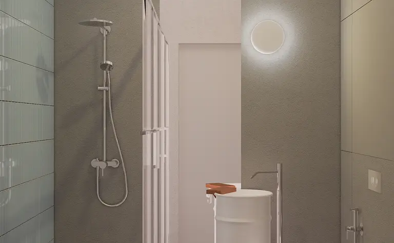 Nowoczesna łazienka w stylu eklektycznym, japandi i minimalistycznym z prysznicem.