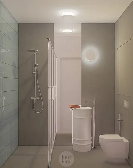 Nowoczesna łazienka w stylu eklektycznym, japandi i minimalistycznym z prysznicem.