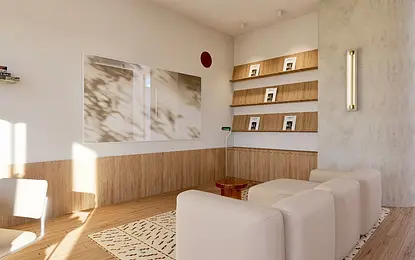 Wnętrze z białymi meblami, drewnianymi detalami, styl dopamine decor, skandynawski i minimalistyczny.