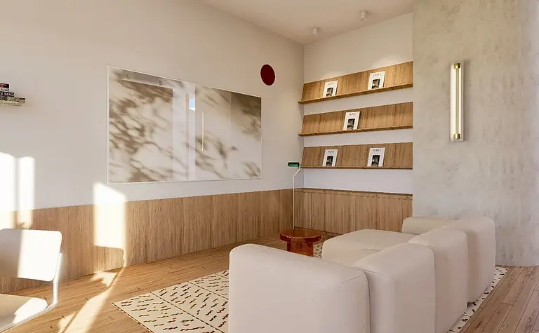 Wnętrze z białymi meblami, drewnianymi detalami, styl dopamine decor, skandynawski i minimalistyczny.