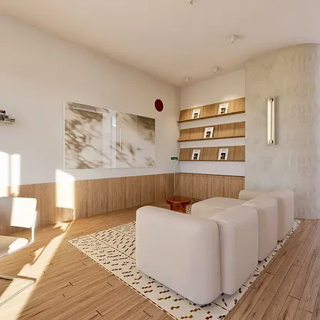 Wnętrze z białymi meblami, drewnianymi detalami, styl dopamine decor, skandynawski i minimalistyczny.