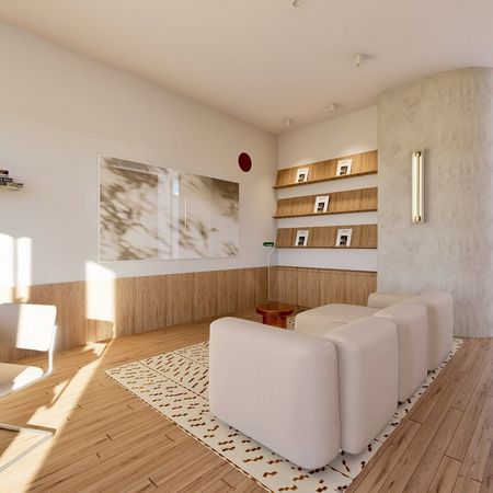 Wnętrze z białymi meblami, drewnianymi detalami, styl dopamine decor, skandynawski i minimalistyczny.