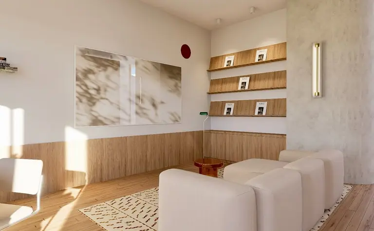 Wnętrze z białymi meblami, drewnianymi detalami, styl dopamine decor, skandynawski i minimalistyczny.