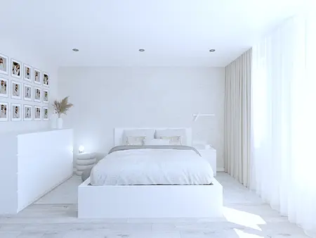 Sypialnia w stylu industrialnym, minimalistycznym i współczesnym z białymi meblami.