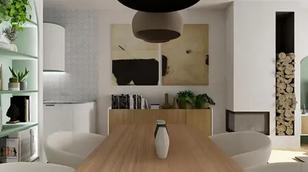 Wnętrze jadalni z eklektycznym i minimalistycznym stylem, drewniany stół oraz rośliny.