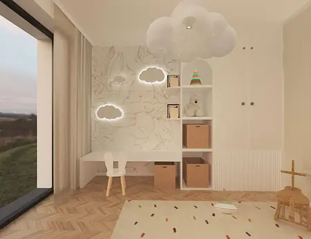 Nowoczesna kuchnia z drewnianą wyspą, lampami i roślinnością, styl współczesny.