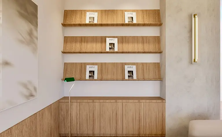 Wnętrze z drewnianymi półkami, minimalistyczny styl, dopamine decor, skandynawski, nowoczesny.