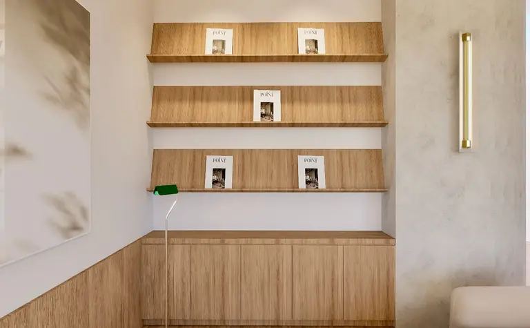Wnętrze z drewnianymi półkami, minimalistyczny styl, dopamine decor, skandynawski, nowoczesny.