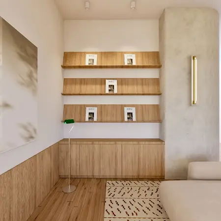 Wnętrze z drewnianymi półkami, minimalistyczny styl, dopamine decor, skandynawski, nowoczesny.