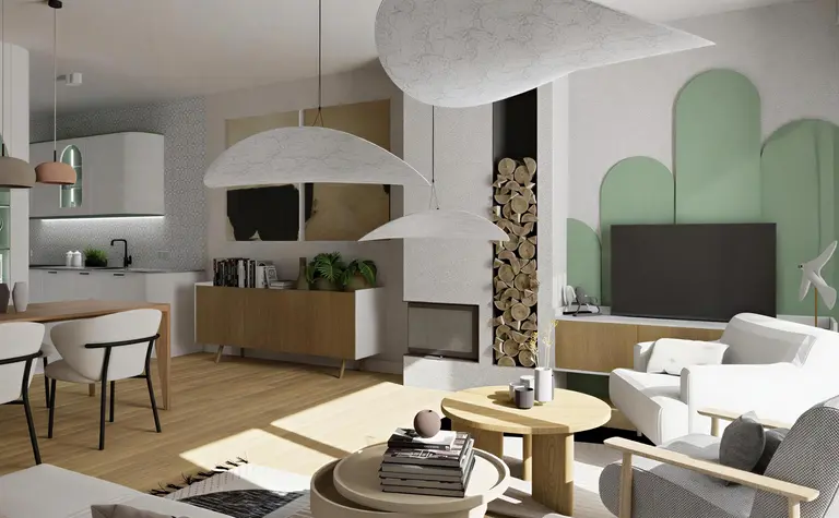 Wnętrze salonu w stylu eklektycznym z minimalistycznymi meblami, nowoczesnymi lampami i współczesnymi akcentami.