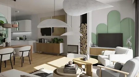 Wnętrze salonu w stylu eklektycznym z minimalistycznymi meblami, nowoczesnymi lampami i współczesnymi akcentami.