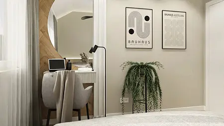 Minimalistyczne biuro z drewnianymi akcentami i roślinami.