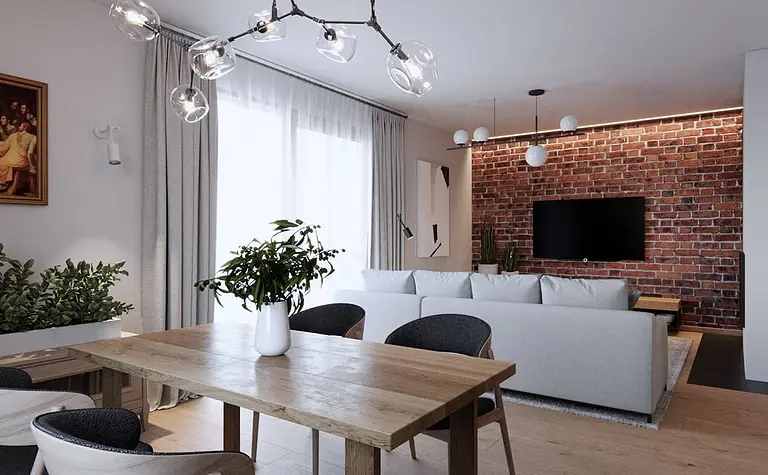 Eklektyczne wnętrze salonu z minimalistycznym wystrojem, skandynawskimi akcentami i tradycyjnymi elementami.